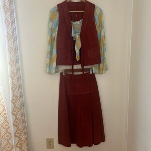 Rust Red Vest and Skirt Set with Floral Top
